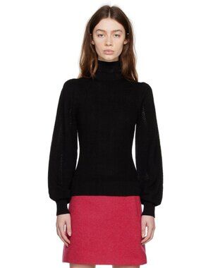 Ganni Lace Puff Sleeve Merino Wool Sweater Black Turtleneck Pointelle Womens XS